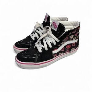 Black pink and white high top vans with donuts cutesy
